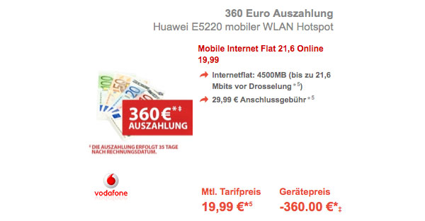 Vodafone günstige LTE Datenflat mit 4.5GB und Huawei WLan Hotspot