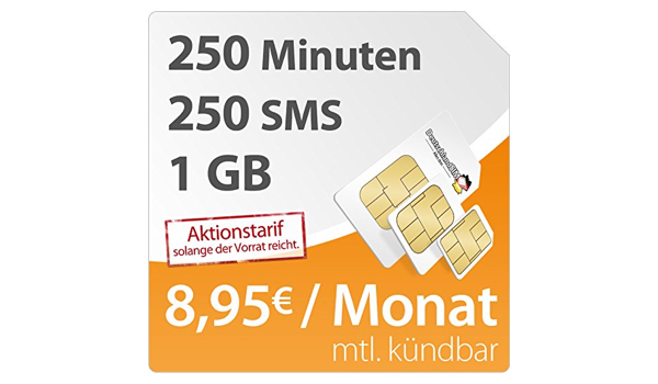 günstiger Smartphone Tarif mit 1GB Datenvolumen 250 Minuten und 250 SMS