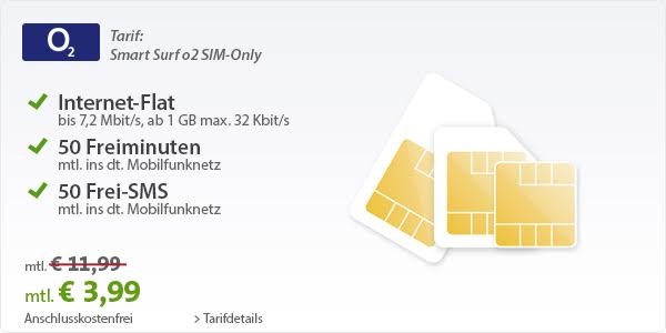 günstiger Smartphone Tarif 1GB Surfflat unter 4 Euro im Monat