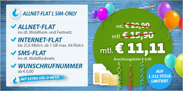 sehr günstige Allnet Flat + SMS Flat und 1GB Surfvolumen unter 12 Euro im Monat