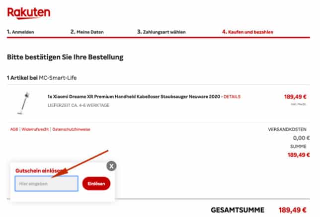 Rakuten Gutschien einlösen