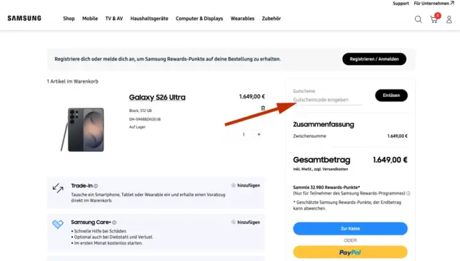 Samsung Onlineshop Gutscheincode einlösen